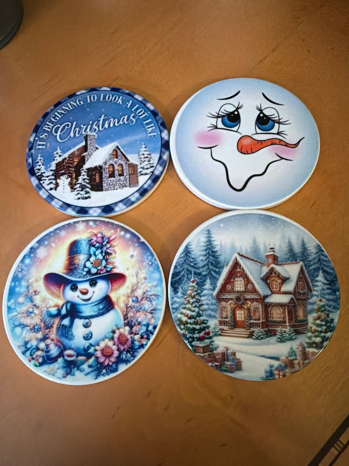 Stained glass Christmas, outdoor houses, snowman, faced and flowers, snowman ceramic coasters