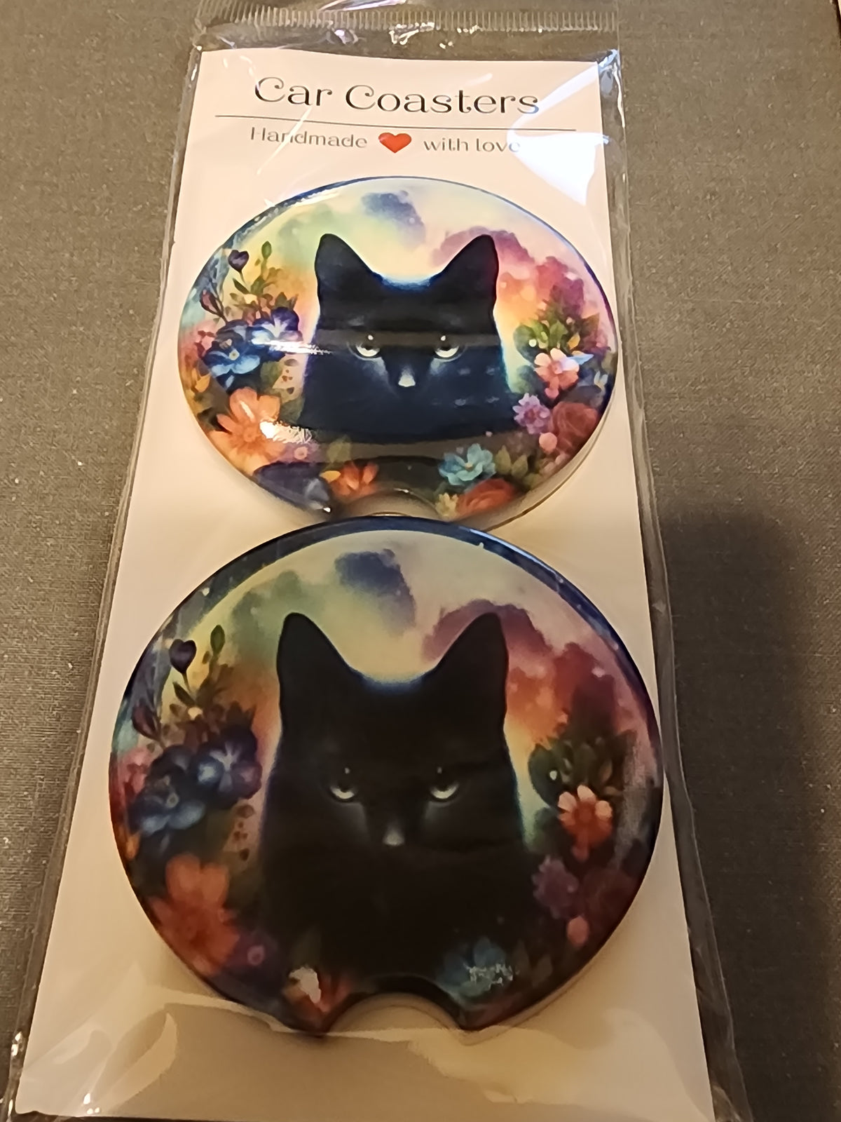 Cat with flower , full moon ceramic car coasters