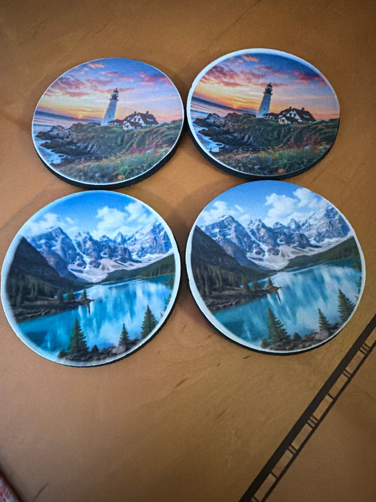 4 inch foam coasters two lighthouse two Mountain Lake Scenes