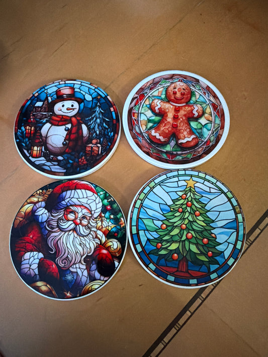 Stained glass, Santa Claus snowman gingerbread man Christmas tree, ceramic coaster