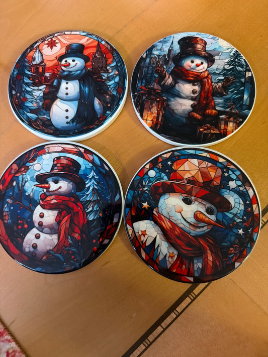 Stained glass snowman ceramic coasters