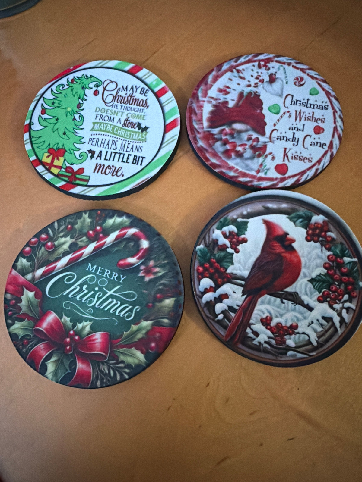 4 foam coasters Christmas scenes merry Christmas red cardinal