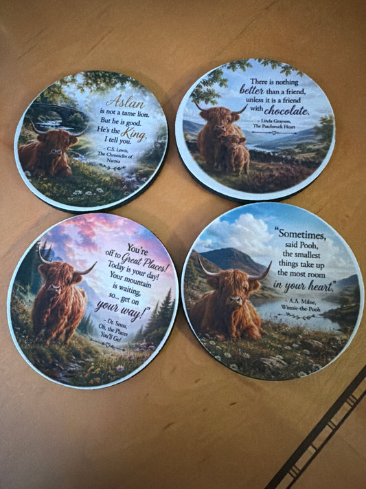 4inch foam coasters Highland cow Messages