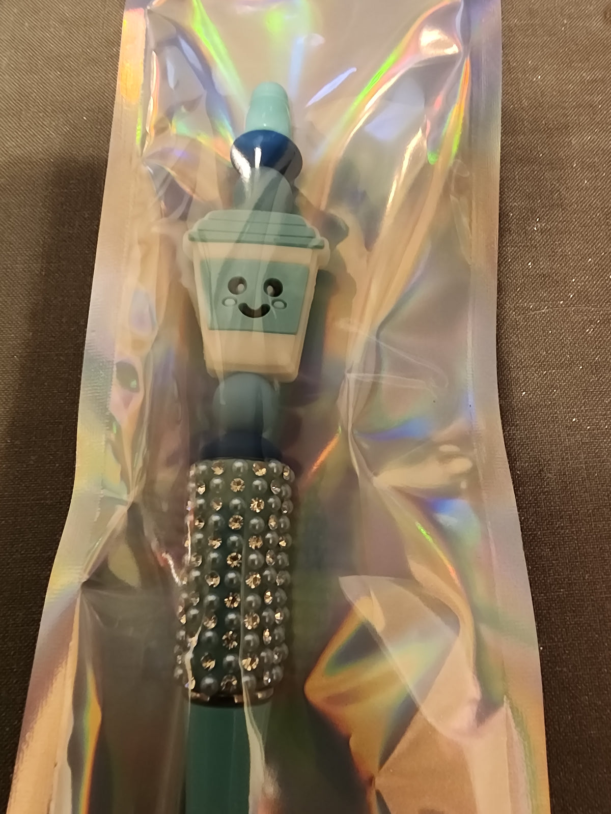 Light blue coffee cup blue rhinestone pen