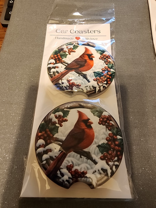 Snowy cardinal ceramic car coasters