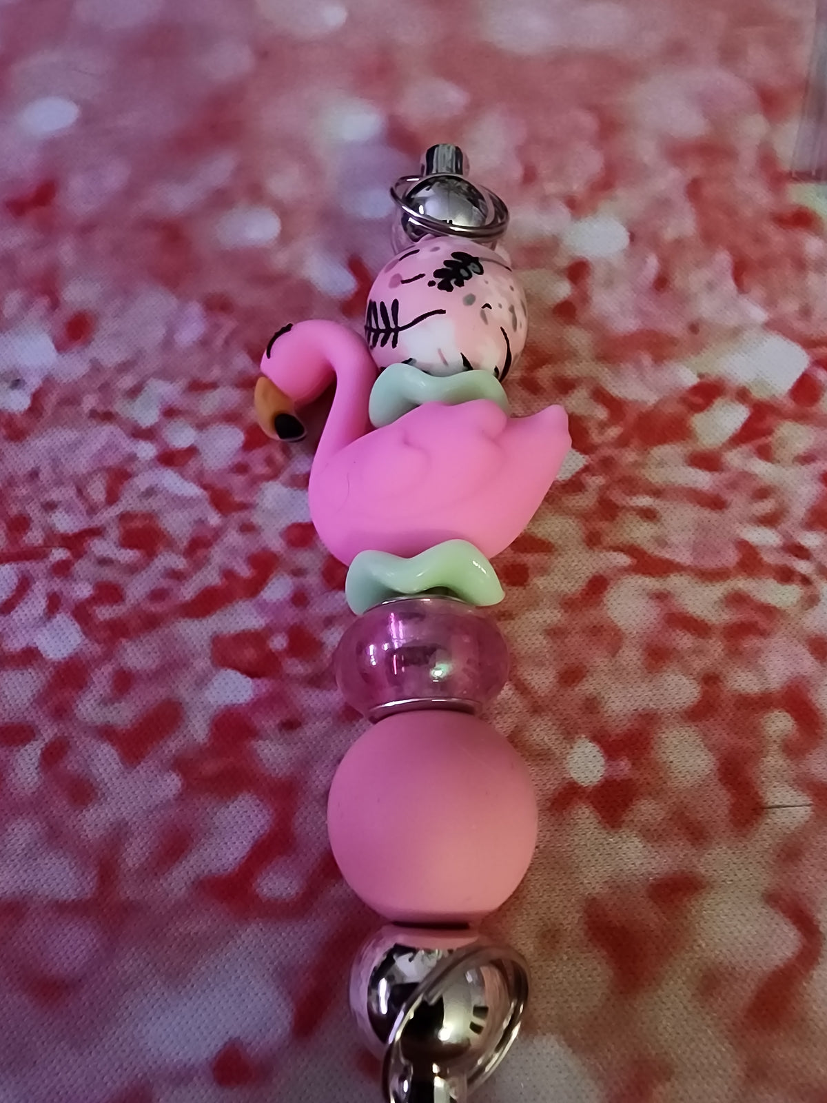 Pink and green flamingo keychain