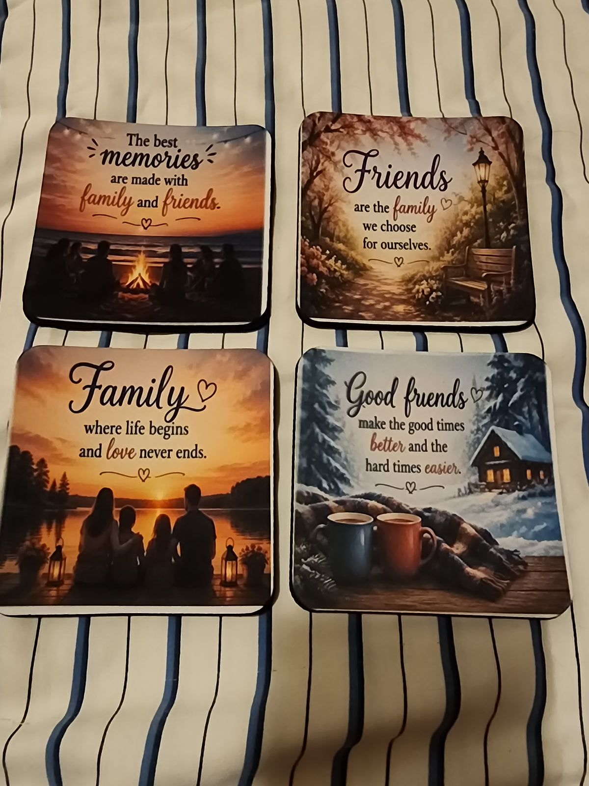 Friends and family quote foam coasters