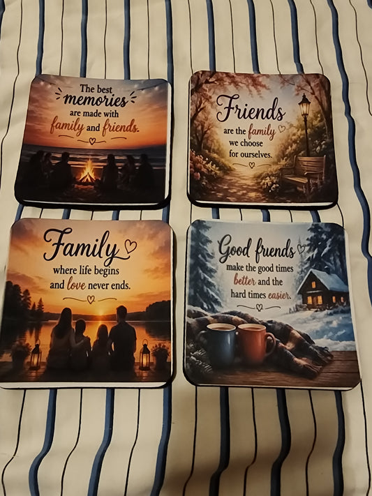 Friends and family quote foam coasters