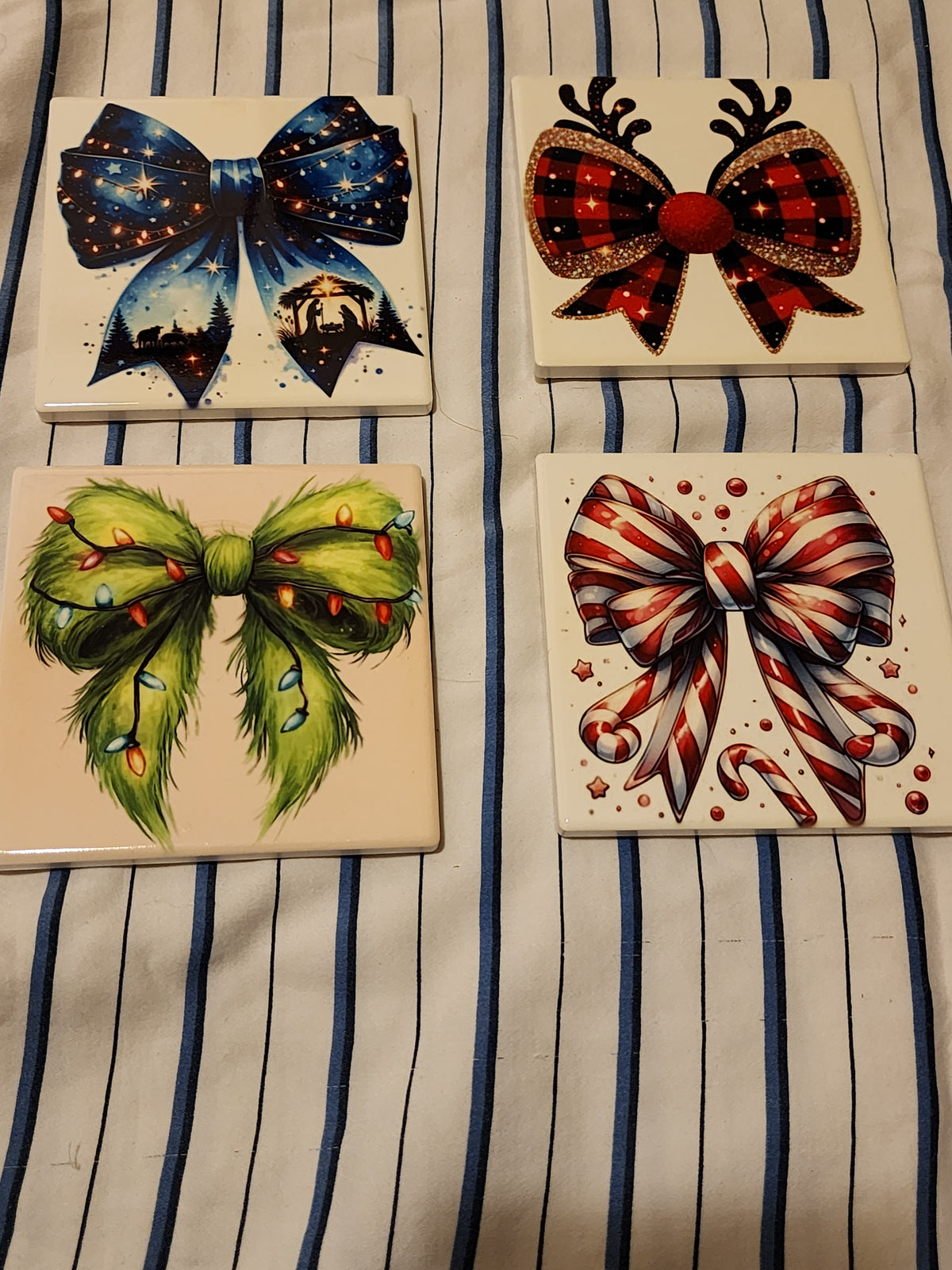Holiday bow ceramic coasters