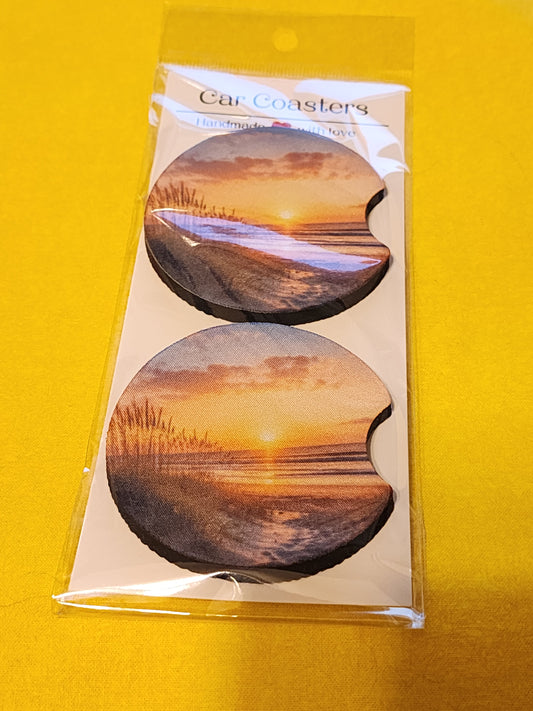 Beach at sunset car coasters