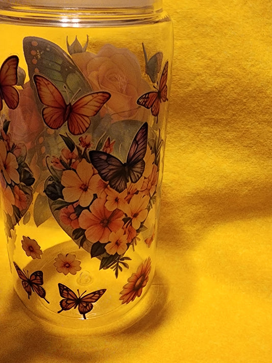 Flowers with colorful butterflies 16 ounce tumbler