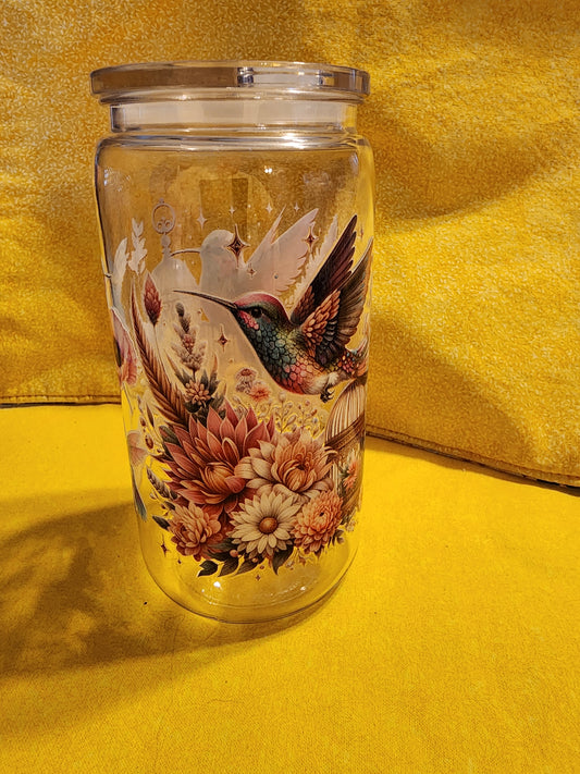 Hummingbirds, bird cage and floral 16 ounce tumbler