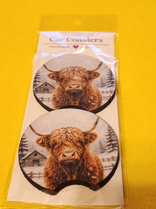 Snowy Highland cow car coasters