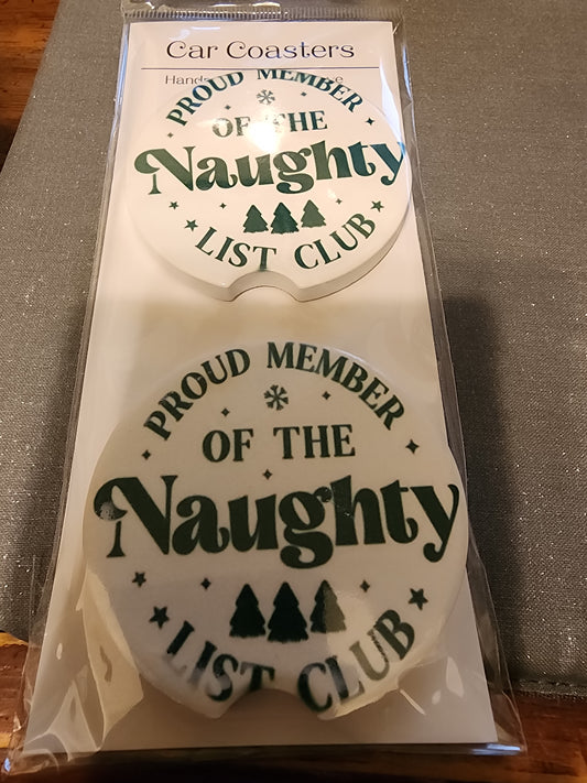 Proud member of the naughty list ceramic car coasters