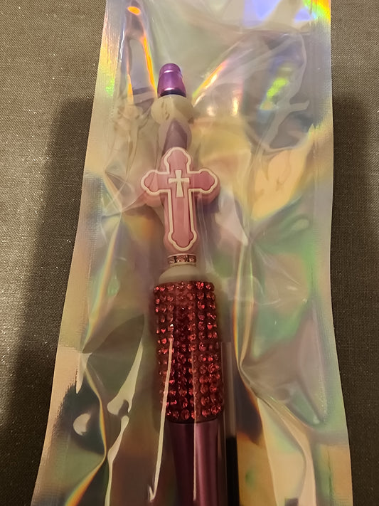 Purple rhinestone pen with cross