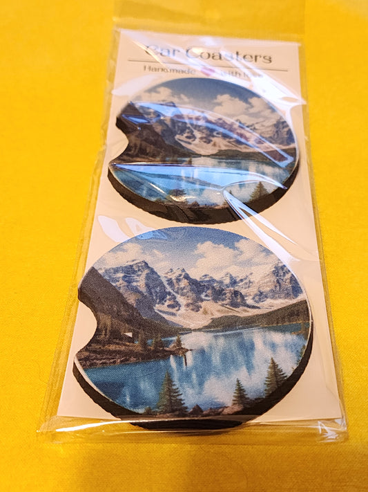Snowy mountain near water car coasters