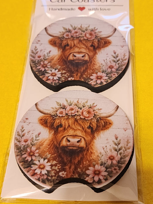 Floral Highland cow car coasters